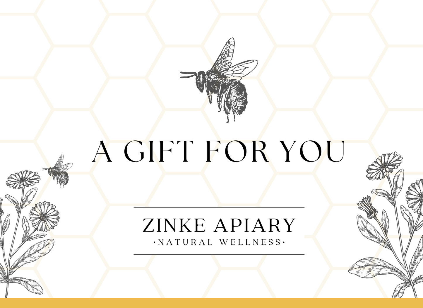 Gift card design for Zinke Apiary with bee and floral illustrations on a hexagonal pattern background.