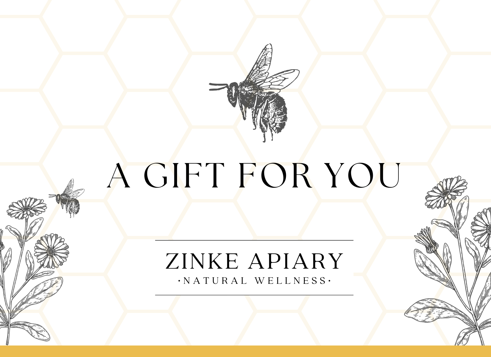 Gift card design for Zinke Apiary with bee and floral illustrations on a hexagonal pattern background.